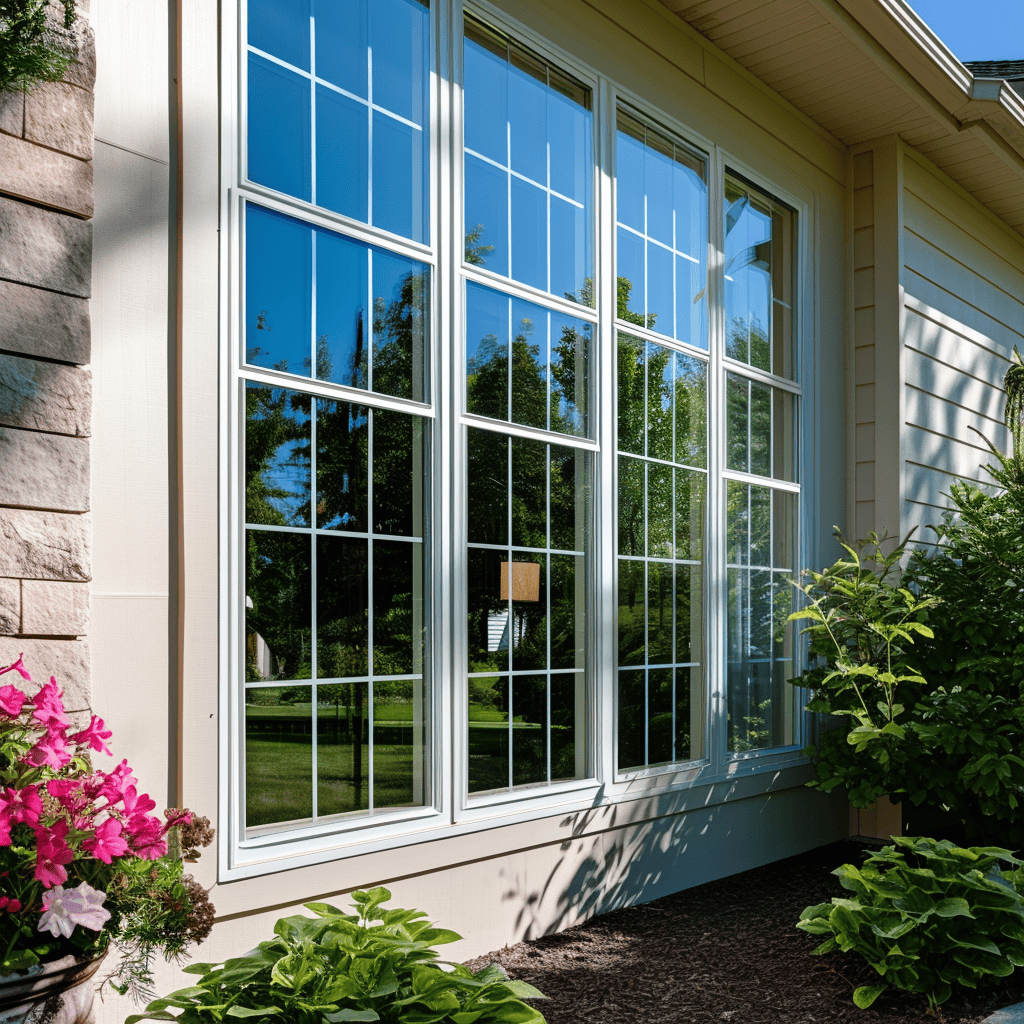 Image shows the exterior of a home with stone and light colored siding. Large picture windows span floor to ceiling and reflect trees in the distance. 