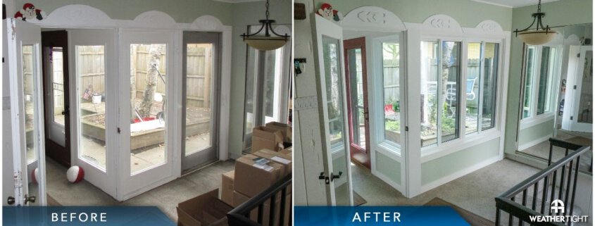 Before & after of new entry door and new window