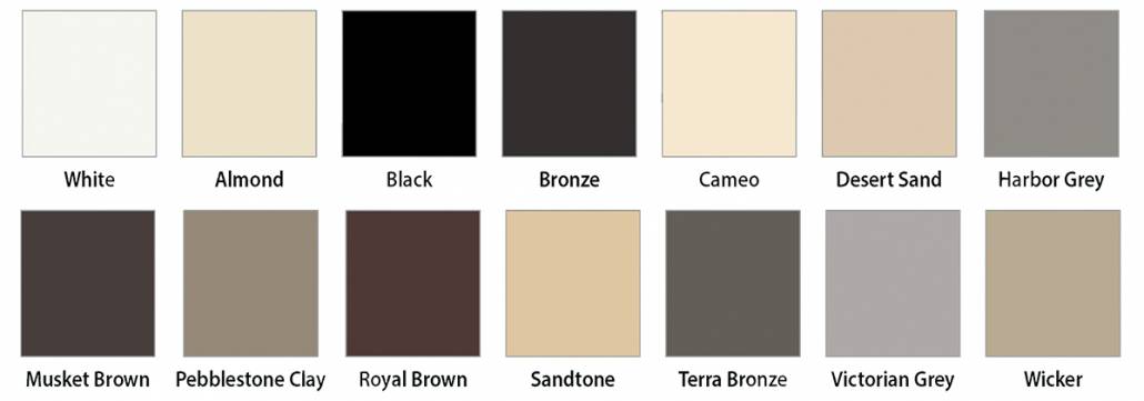 Image shows about a dozen color options that can be selected for the hidden soffit vent from Weather Tight. Colors range from white and almond to terra bronze and Victorian grey.