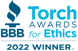 Image depicts the BBB Logo with text that reads "BBB Torch Award for Ethics- 2022 Winner"