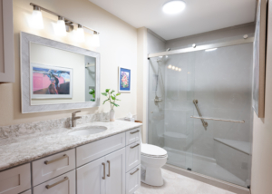 Marble Curved Shower With Seat & Frameless Sliding Door