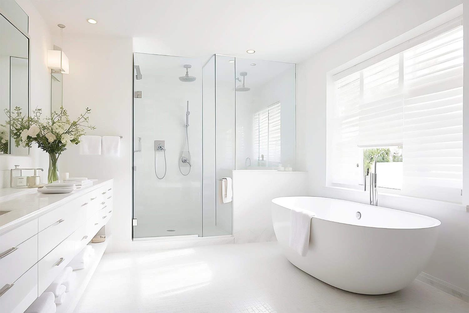 A modern all white bathroom with a walk-in shower and large oval bath tub. The room is filled with natural light from large windows.