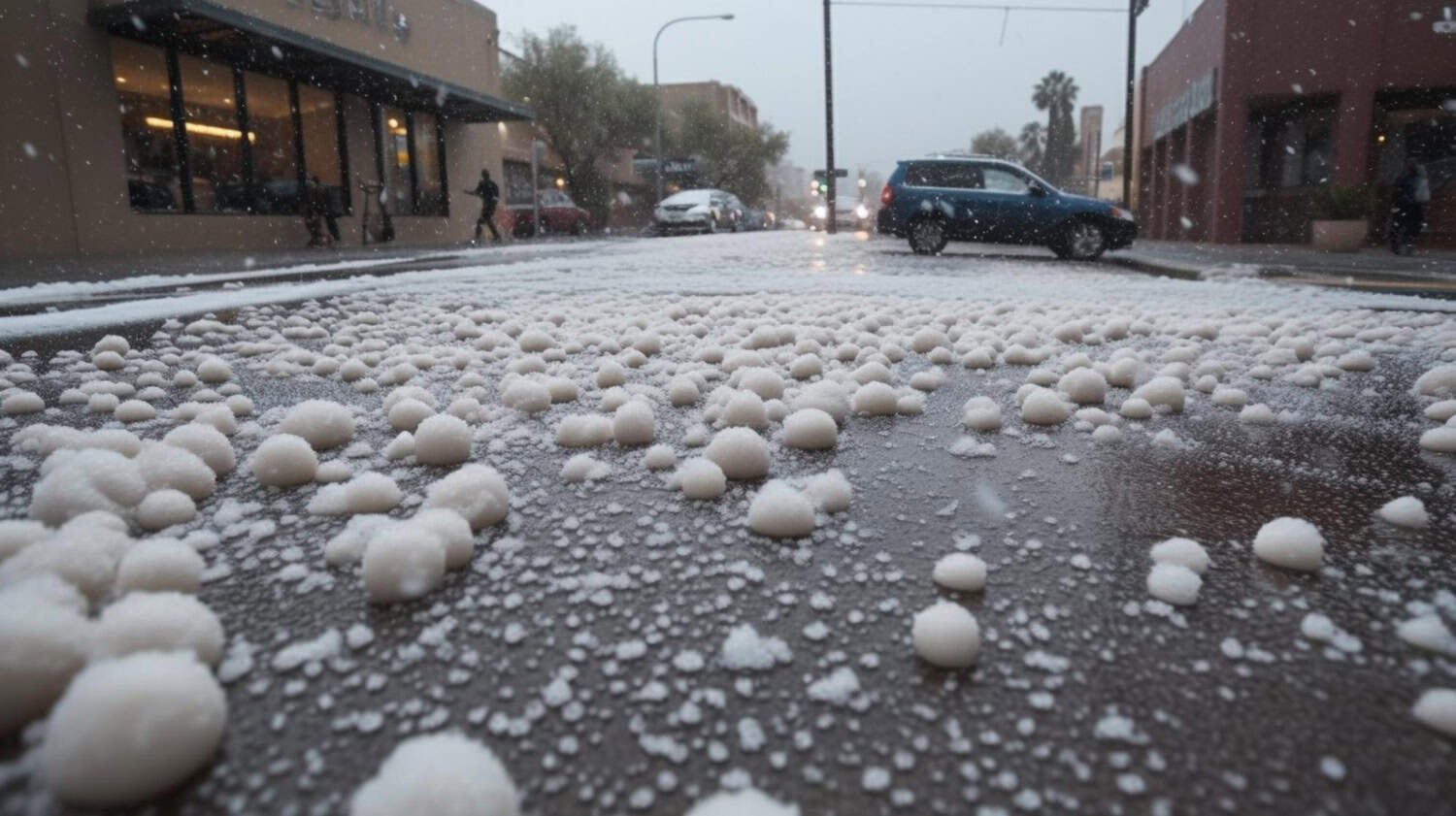 Large spheres of hail lay scattered on a city street, with cars and buildings in the background.